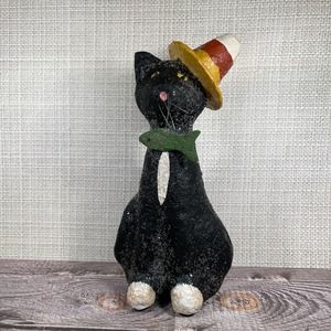 Black Halloween Cat Candy Corn Hat and Fish Bow Tie Sparkly Home‎ Decor